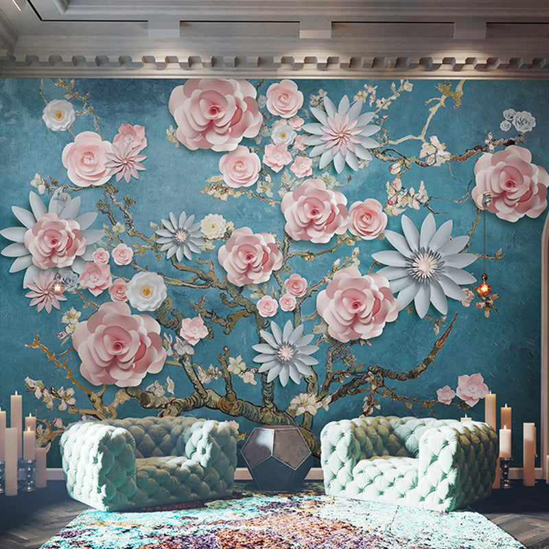 Full Size Blossom Wall Mural Retro Unique 3D Effect Wall Covering in Multi-Color White-Pink-Blue Clearhalo 'Wall Decor' 'Wall Mural' 919641