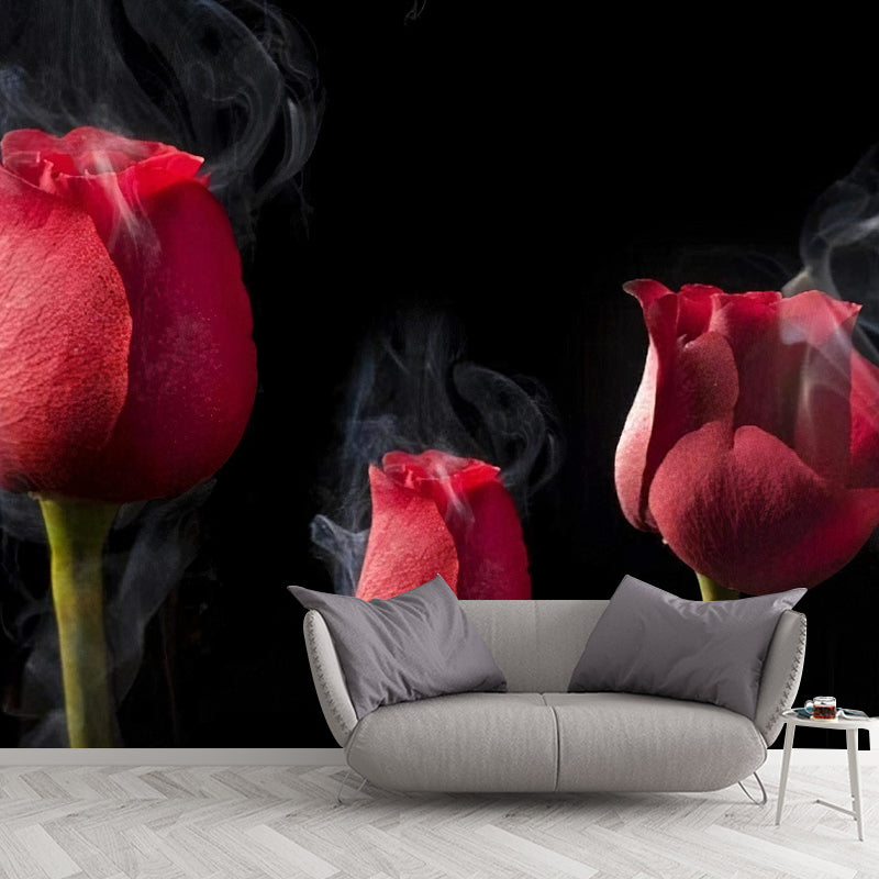 Red and Black Mural Wallpaper with Rose Bud Design Stain-Resistant Wall Art for Accent Wall Red-Black Clearhalo 'Wall Decor' 'Wall Mural' 919671