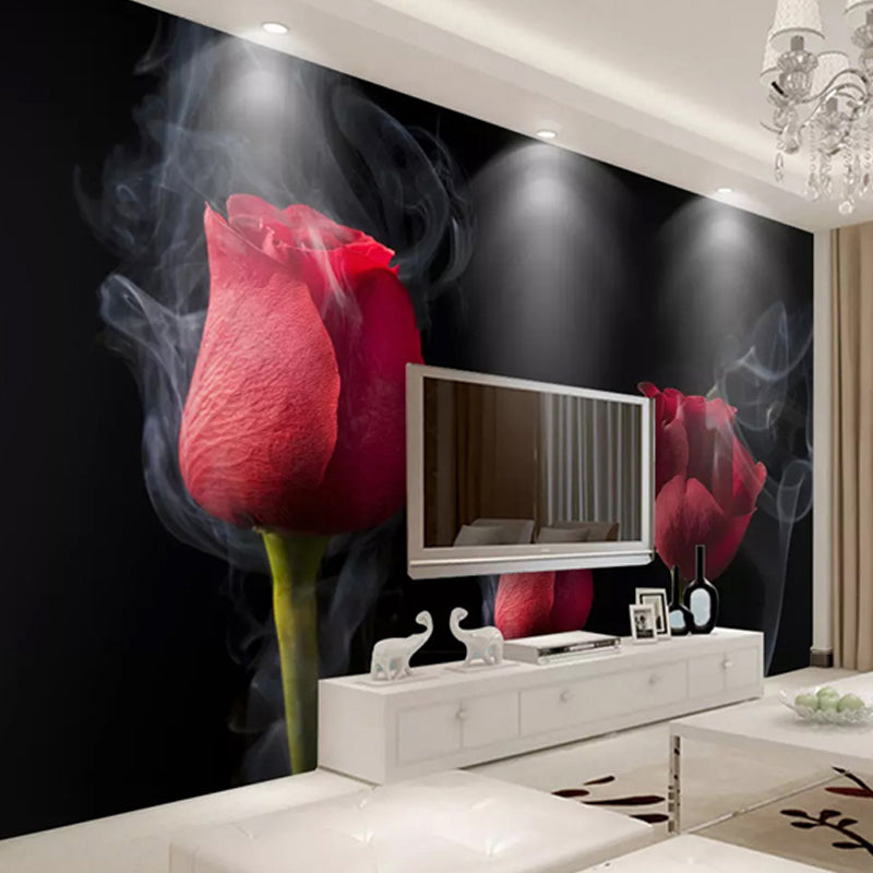 Red and Black Mural Wallpaper with Rose Bud Design Stain-Resistant Wall Art for Accent Wall Clearhalo 'Wall Decor' 'Wall Mural' 919673