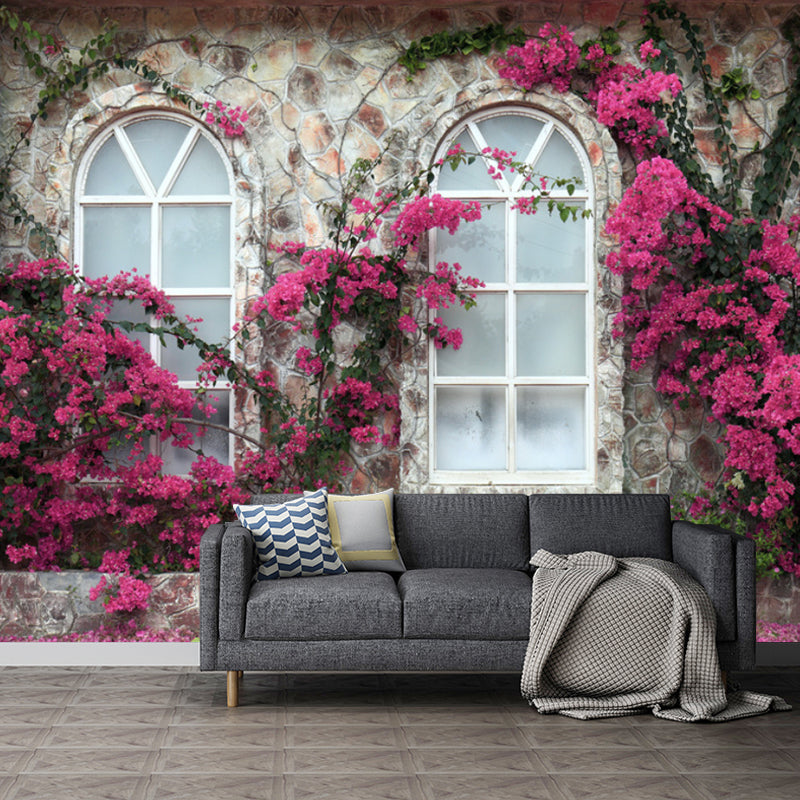 Photo Style Wall Mural French Window and Blossom Full Size Wall Art for Coffee Shop, Made to Measure Clearhalo 'Wall Decor' 'Wall Mural' 919866