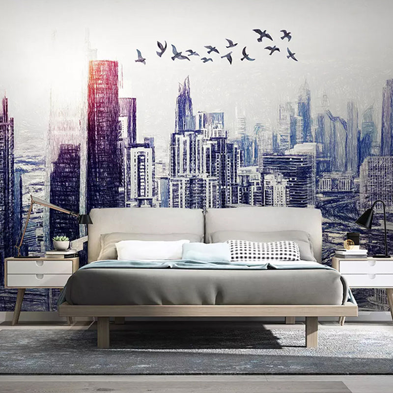 Customized Illustration Mural Wallpaper Abstract Modern Wall Covering for Decor with 3D City View in Blue and White Blue-White Clearhalo 'Wall Decor' 'Wall Mural' 920206