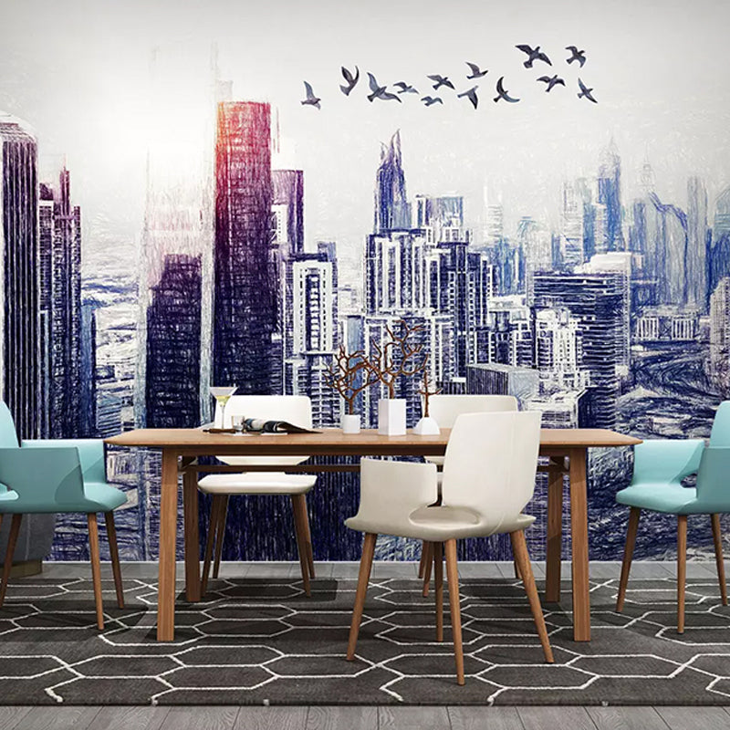 Customized Illustration Mural Wallpaper Abstract Modern Wall Covering for Decor with 3D City View in Blue and White Clearhalo 'Wall Decor' 'Wall Mural' 920207