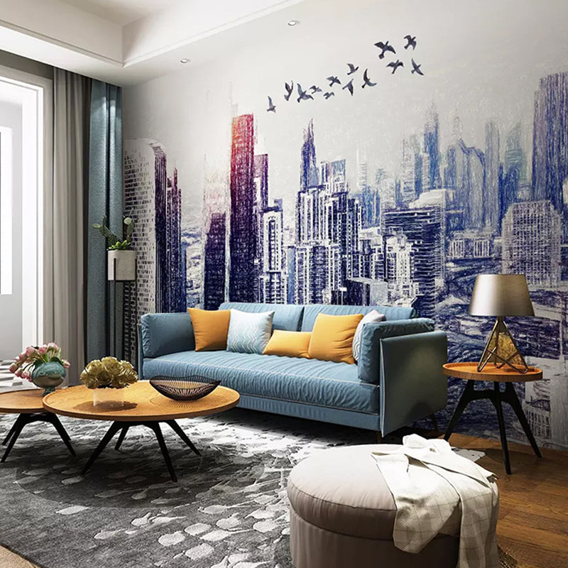 Customized Illustration Mural Wallpaper Abstract Modern Wall Covering for Decor with 3D City View in Blue and White Clearhalo 'Wall Decor' 'Wall Mural' 920208