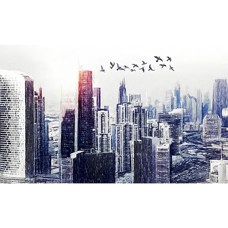 Customized Illustration Mural Wallpaper Abstract Modern Wall Covering for Decor with 3D City View in Blue and White Clearhalo 'Wall Decor' 'Wall Mural' 920209