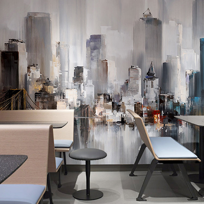 Extra Large Wall Art for Restaurant and Bar New York City and Tall Building Mural for Accent Wall Gray-White Clearhalo 'Wall Decor' 'Wall Mural' 920211