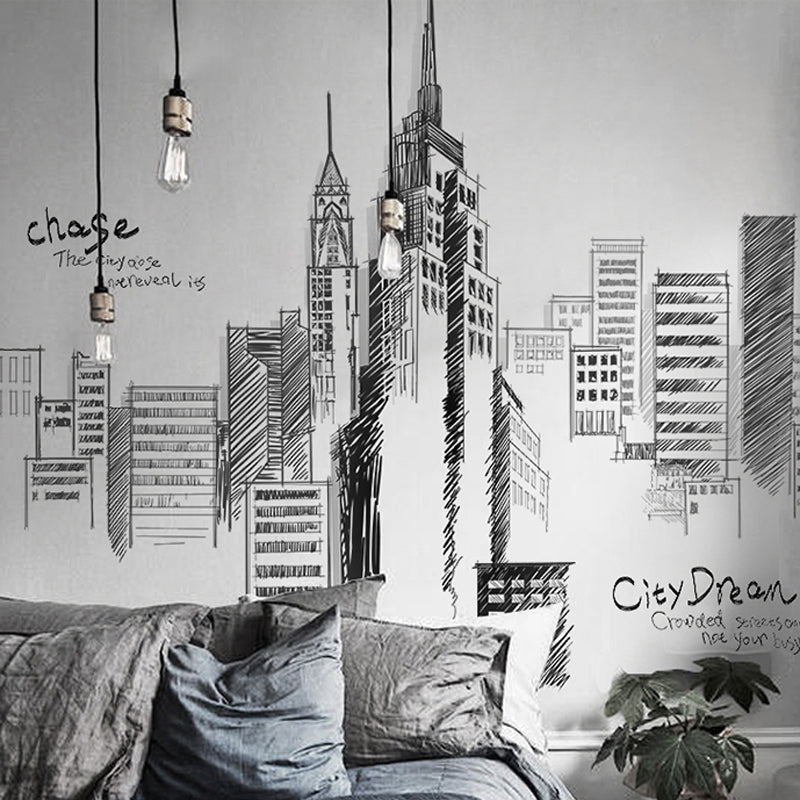 European Skyscraper Mural Pastel Color Industrial Nostalgic Wall Decor for Living Room Black-White B Clearhalo 'Wall Decor' 'Wall Mural' 920221