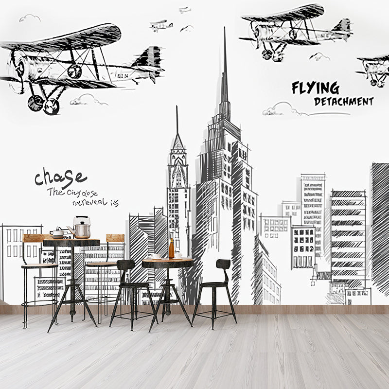 European Skyscraper Mural Pastel Color Industrial Nostalgic Wall Decor for Living Room Black-White A Clearhalo 'Wall Decor' 'Wall Mural' 920226