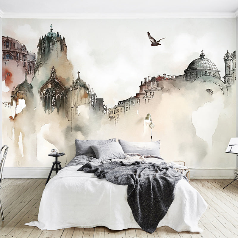 Giant Grey and White Murals Nordic Distressed Building and Flying Bird Wall Art for Bar, Non-Woven Material Gray-White Clearhalo 'Wall Decor' 'Wall Mural' 920246