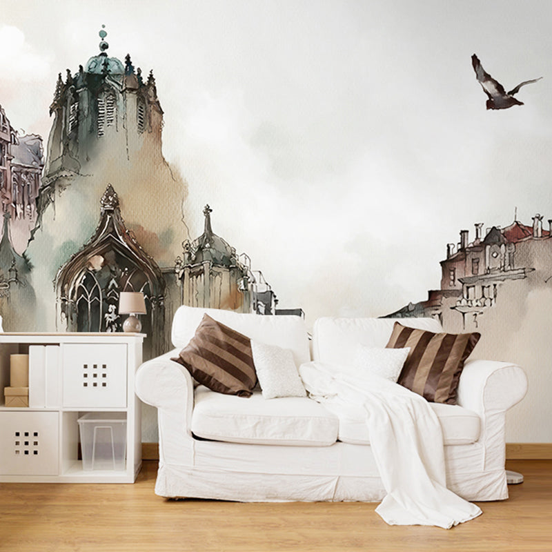 Giant Grey and White Murals Nordic Distressed Building and Flying Bird Wall Art for Bar, Non-Woven Material Clearhalo 'Wall Decor' 'Wall Mural' 920247