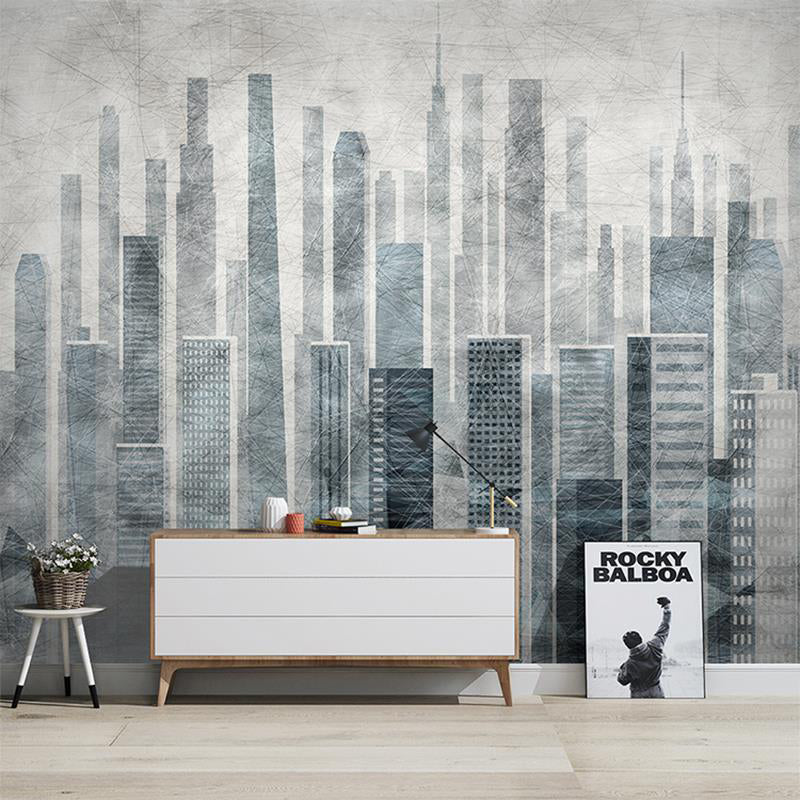 Big Wall Art Industrial Nostalgic Tall Building Mural Wallpaper in Obscure Color Blue Clearhalo 'Wall Decor' 'Wall Mural' 920266