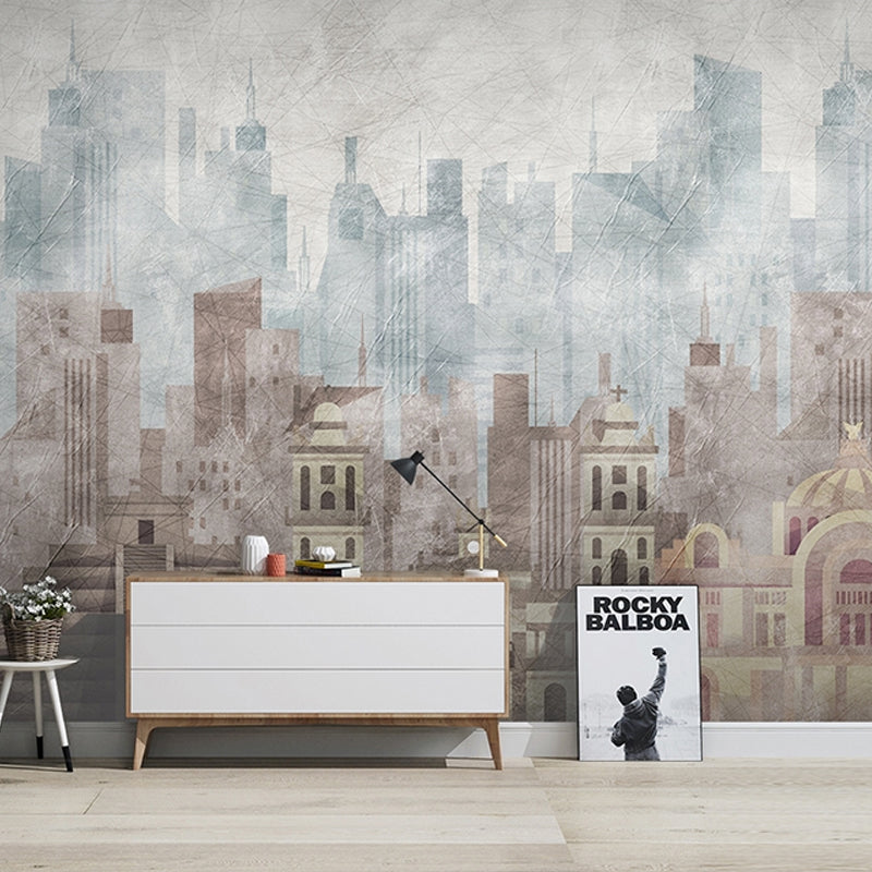 Big Wall Art Industrial Nostalgic Tall Building Mural Wallpaper in Obscure Color Blue-Brown Clearhalo 'Wall Decor' 'Wall Mural' 920276