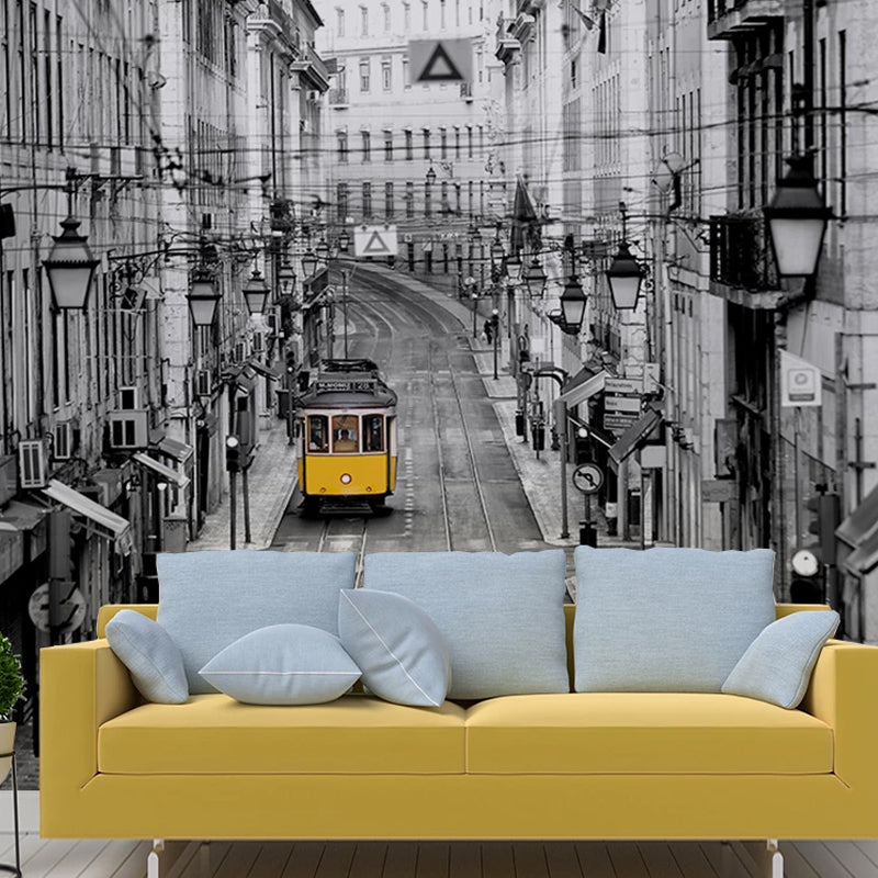 Giant Retro Industrial Wall Art Black and White Street and Bus Murals, Made to Measure Black-White Clearhalo 'Wall Decor' 'Wall Mural' 920306