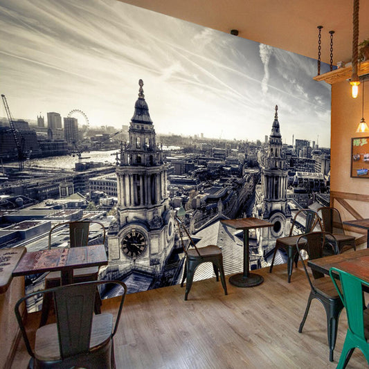 European Classic Murals for Coffee Shop and Restaurant, Street View and Church in Grey and White, Customized Size Available Clearhalo 'Wall Decor' 'Wall Mural' 920352