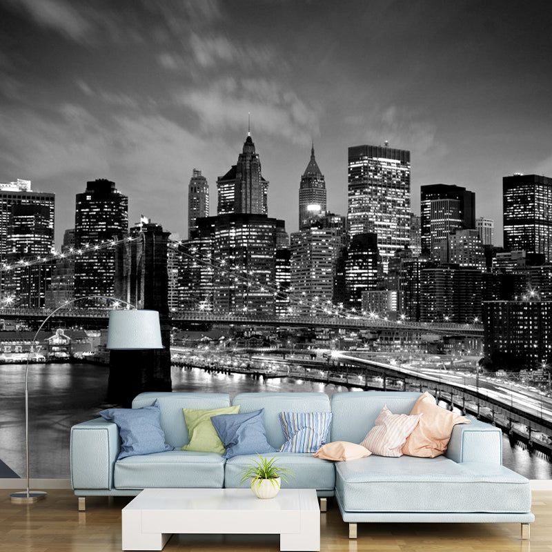 Modern Simple Wall Mural Black Night Scene of Bridge and Skyscraper Giant Wall Covering, Made to Measure Black Clearhalo 'Wall Decor' 'Wall Mural' 920376