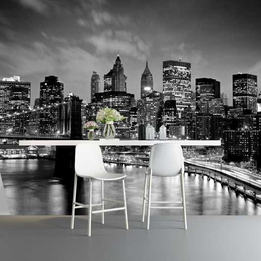 Modern Simple Wall Mural Black Night Scene of Bridge and Skyscraper Giant Wall Covering, Made to Measure Clearhalo 'Wall Decor' 'Wall Mural' 920377