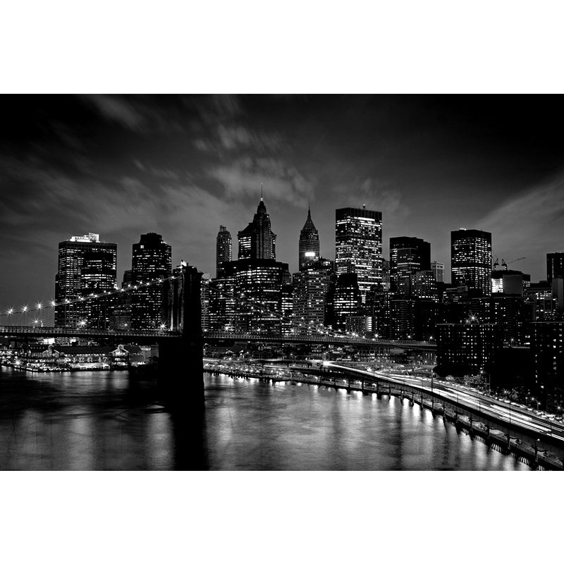 Modern Simple Wall Mural Black Night Scene of Bridge and Skyscraper Giant Wall Covering, Made to Measure Clearhalo 'Wall Decor' 'Wall Mural' 920379