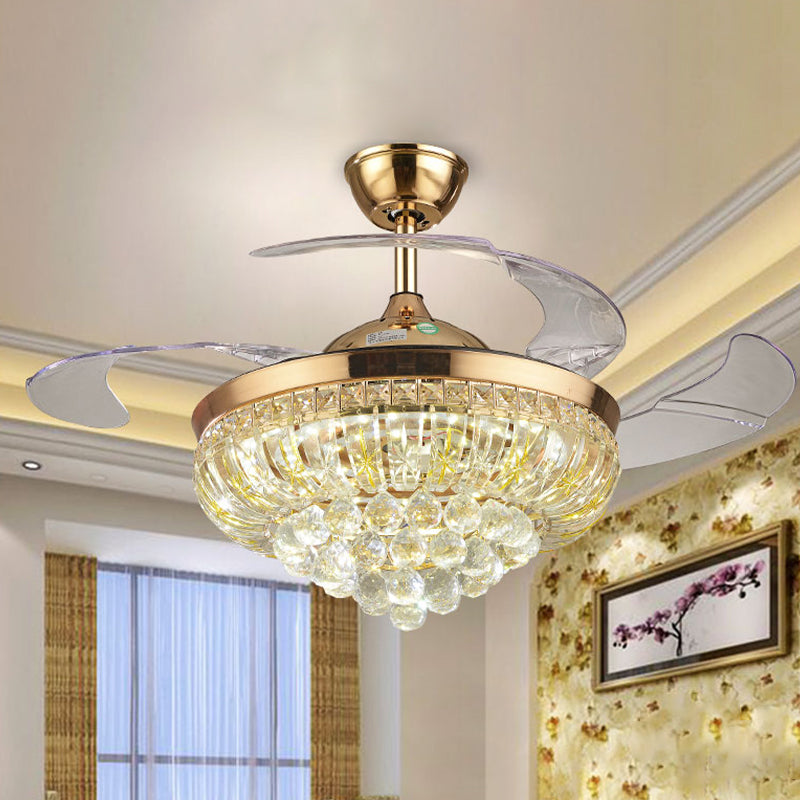 3 Blades Crystal LED Ceiling Fan Light Modernist Gold Conic Living Room Semi-Flush Mount, 42.5" W Clearhalo 'Ceiling Fans with Lights' 'Ceiling Fans' 'Modern Ceiling Fans' 'Modern' Lighting' 920431