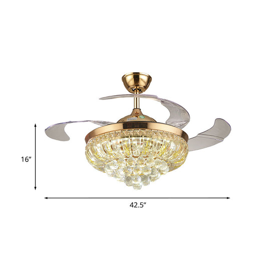 3 Blades Crystal LED Ceiling Fan Light Modernist Gold Conic Living Room Semi-Flush Mount, 42.5" W Clearhalo 'Ceiling Fans with Lights' 'Ceiling Fans' 'Modern Ceiling Fans' 'Modern' Lighting' 920433