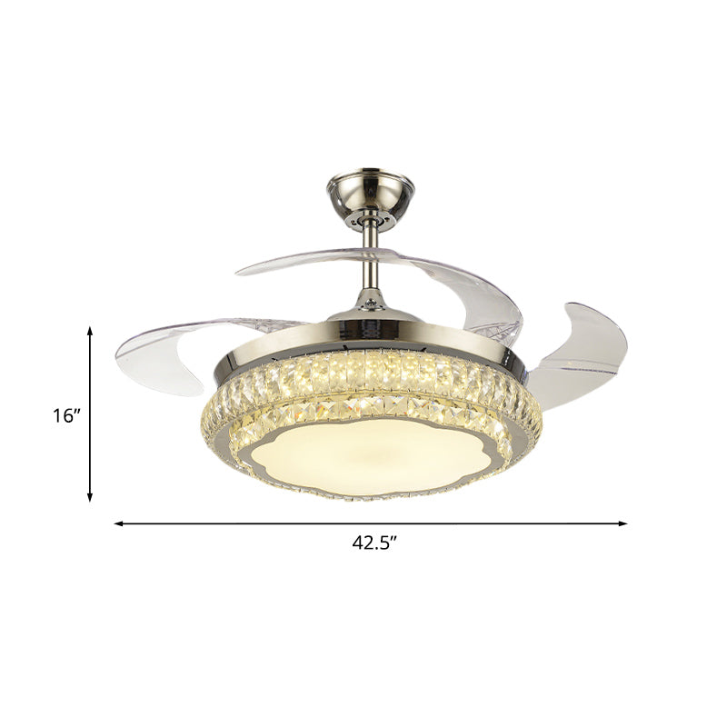 4-Blade Round Crystal Flush Ceiling Fan Minimalist Living Room 42.5" W LED Semi Flush Light in Silver Clearhalo 'Ceiling Fans with Lights' 'Ceiling Fans' 'Modern Ceiling Fans' 'Modern' Lighting' 920458