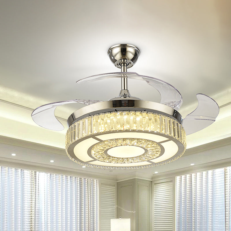 4-Blade Round Crystal Flush Ceiling Fan Minimalist Living Room 42.5" W LED Semi Flush Light in Silver Silver B Clearhalo 'Ceiling Fans with Lights' 'Ceiling Fans' 'Modern Ceiling Fans' 'Modern' Lighting' 920459