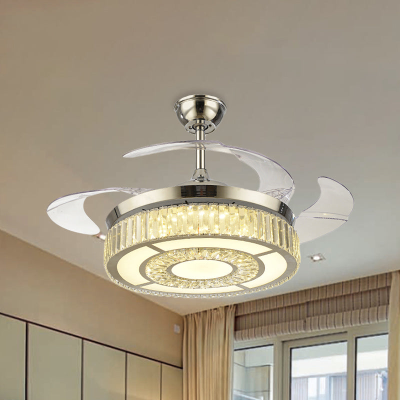 4-Blade Round Crystal Flush Ceiling Fan Minimalist Living Room 42.5" W LED Semi Flush Light in Silver Clearhalo 'Ceiling Fans with Lights' 'Ceiling Fans' 'Modern Ceiling Fans' 'Modern' Lighting' 920461