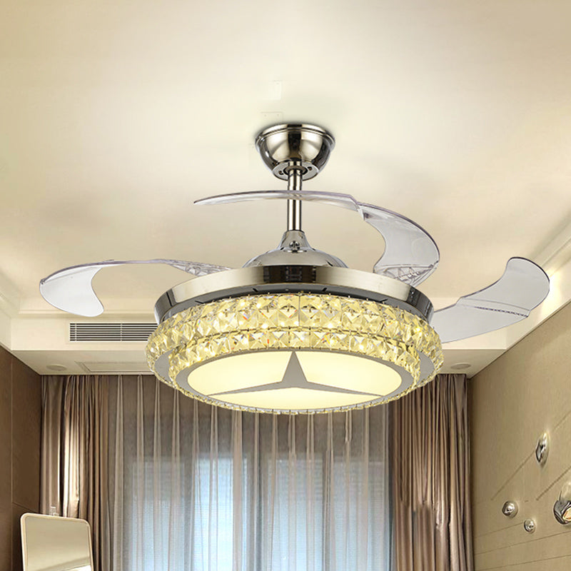 4-Blade Round Crystal Flush Ceiling Fan Minimalist Living Room 42.5" W LED Semi Flush Light in Silver Silver A Clearhalo 'Ceiling Fans with Lights' 'Ceiling Fans' 'Modern Ceiling Fans' 'Modern' Lighting' 920464