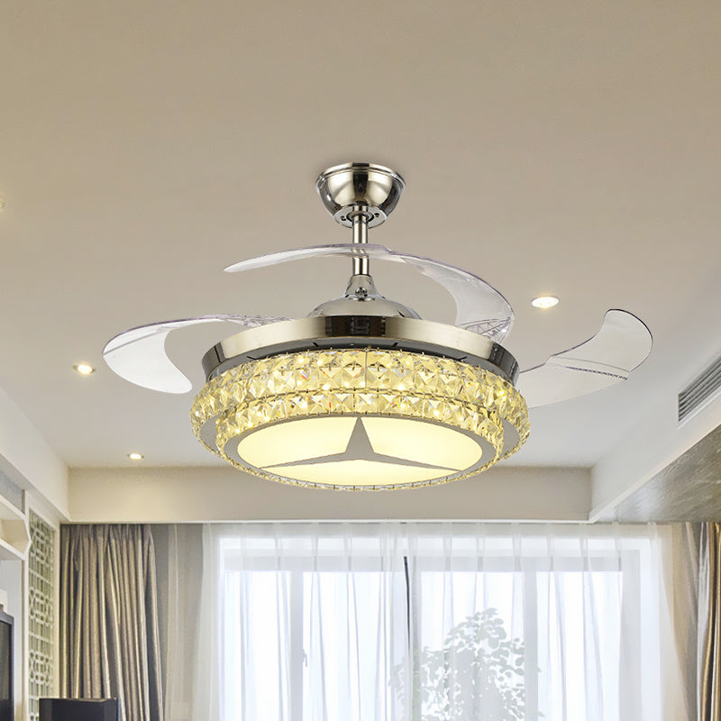 4-Blade Round Crystal Flush Ceiling Fan Minimalist Living Room 42.5" W LED Semi Flush Light in Silver Clearhalo 'Ceiling Fans with Lights' 'Ceiling Fans' 'Modern Ceiling Fans' 'Modern' Lighting' 920466