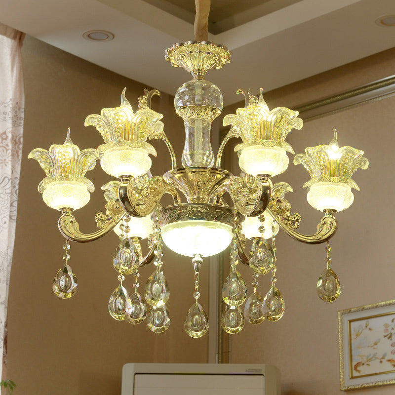 6 Lights Floral Hanging Chandelier Mid-Century Gold Crystal Ceiling Suspension Lamp Clearhalo 'Ceiling Lights' 'Chandeliers' Lighting' options 920473