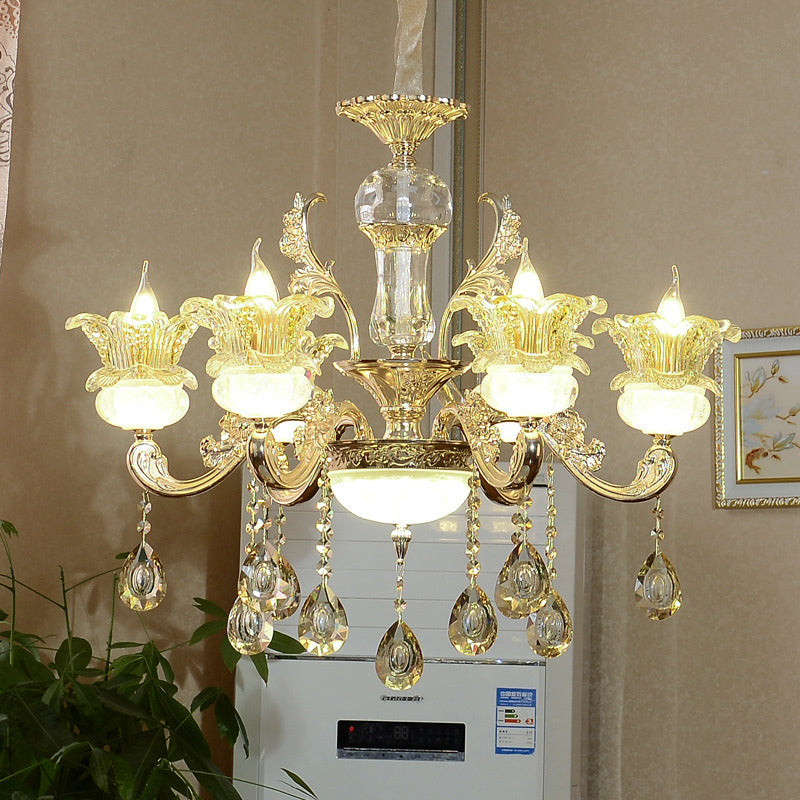 6 Lights Floral Hanging Chandelier Mid-Century Gold Crystal Ceiling Suspension Lamp Clearhalo 'Ceiling Lights' 'Chandeliers' Lighting' options 920474