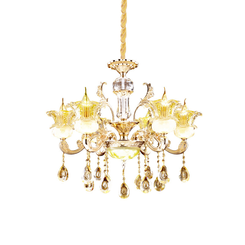 6 Lights Floral Hanging Chandelier Mid-Century Gold Crystal Ceiling Suspension Lamp Clearhalo 'Ceiling Lights' 'Chandeliers' Lighting' options 920475