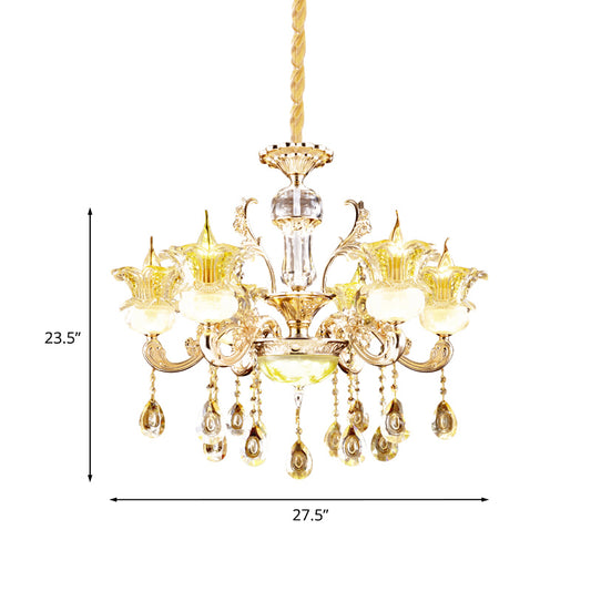 6 Lights Floral Hanging Chandelier Mid-Century Gold Crystal Ceiling Suspension Lamp Clearhalo 'Ceiling Lights' 'Chandeliers' Lighting' options 920476