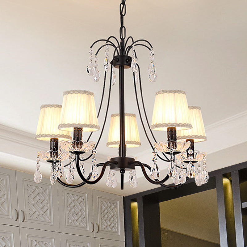 Pleated Fabric Cone Hanging Light Countryside 5 Heads Bedroom Chandelier with Braided Trim and Crystal Drop Black Clearhalo 'Ceiling Lights' 'Chandeliers' Lighting' options 920477_9e38d270-8488-498d-9fed-e93d1fa599e7