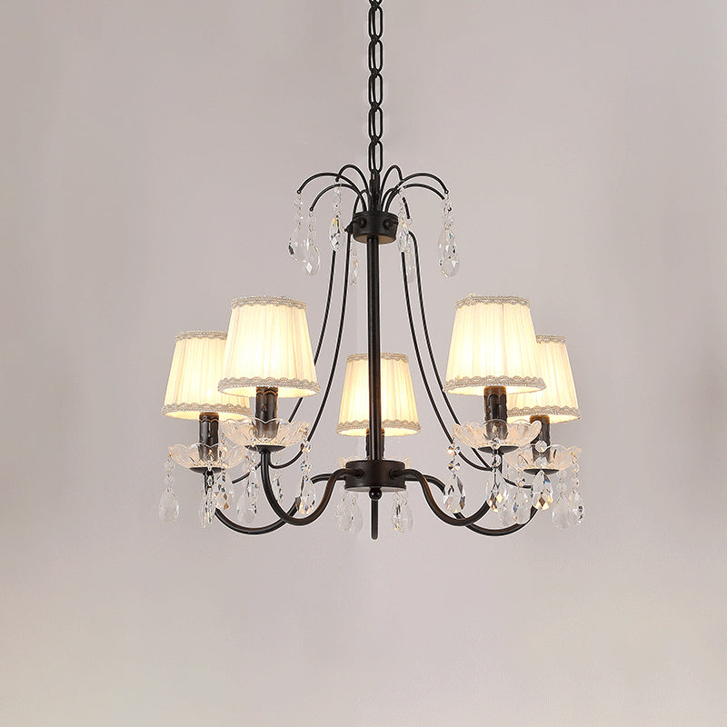 Pleated Fabric Cone Hanging Light Countryside 5 Heads Bedroom Chandelier with Braided Trim and Crystal Drop Clearhalo 'Ceiling Lights' 'Chandeliers' Lighting' options 920478