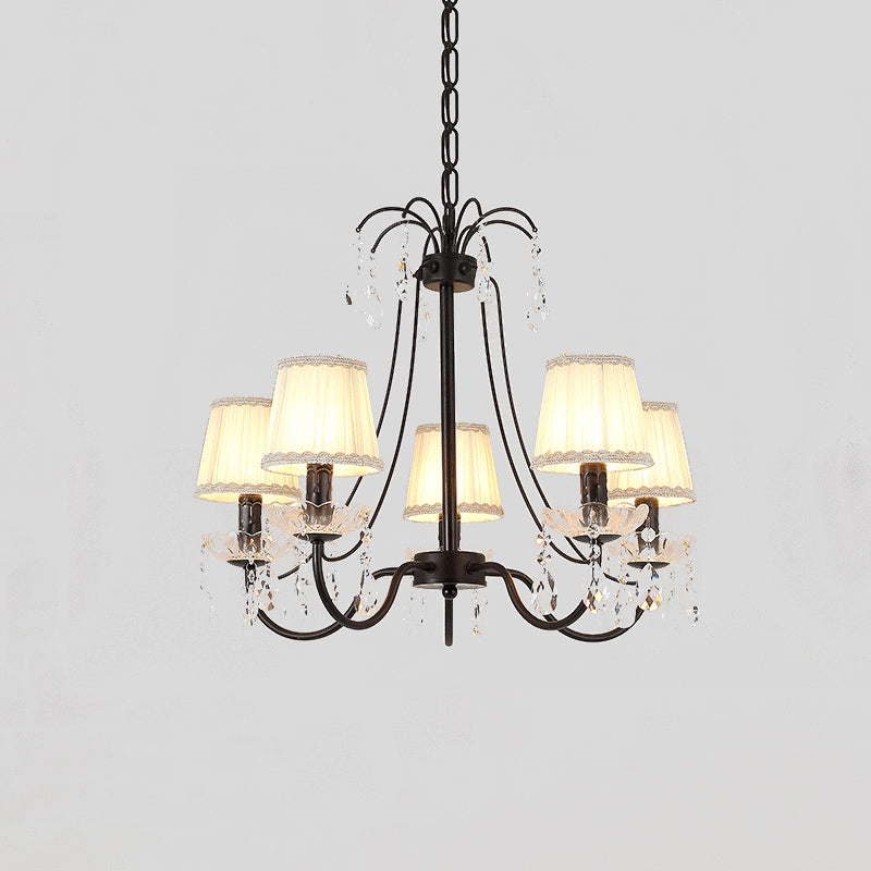 Pleated Fabric Cone Hanging Light Countryside 5 Heads Bedroom Chandelier with Braided Trim and Crystal Drop Clearhalo 'Ceiling Lights' 'Chandeliers' Lighting' options 920479