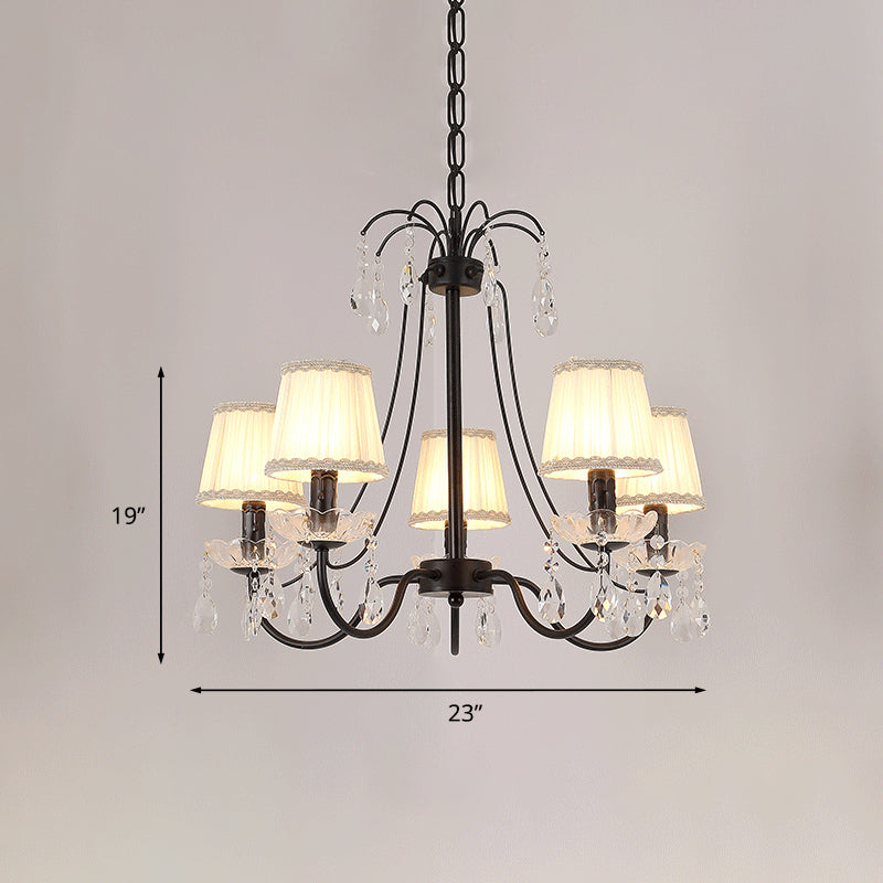 Pleated Fabric Cone Hanging Light Countryside 5 Heads Bedroom Chandelier with Braided Trim and Crystal Drop Clearhalo 'Ceiling Lights' 'Chandeliers' Lighting' options 920480