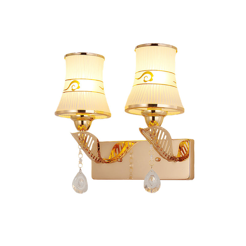 Flared Ribbed Glass Wall Sconce Light Traditional 2-Bulb Dining Room Wall Mounted Fixture in Gold Clearhalo 'Modern wall lights' 'Modern' 'Wall Lamps & Sconces' 'Wall Lights' Lighting' 920483