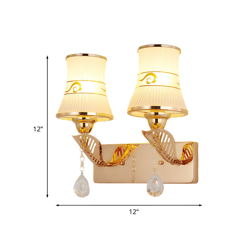 Flared Ribbed Glass Wall Sconce Light Traditional 2-Bulb Dining Room Wall Mounted Fixture in Gold Clearhalo 'Modern wall lights' 'Modern' 'Wall Lamps & Sconces' 'Wall Lights' Lighting' 920484