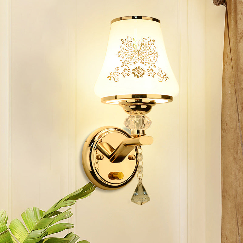 Single Reading Wall Light Postmodern Tapered White Glass Wall Mount Lamp in Gold with Crystal Accent Gold Clearhalo 'Modern wall lights' 'Modern' 'Wall Lamps & Sconces' 'Wall Lights' Lighting' 920485