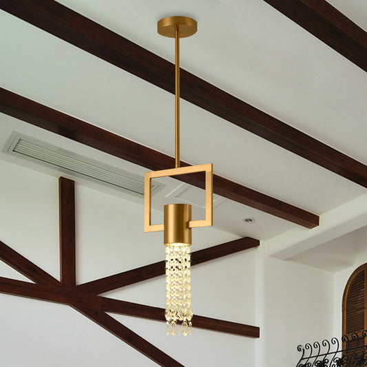 Brass Rectangle Drop Pendant Postmodern Metal 1-Light Bedside Hanging Lamp with Crystal Fringe Brass Clearhalo 'Ceiling Lights' 'Modern Pendants' 'Modern' 'Pendant Lights' 'Pendants' Lighting' 920497