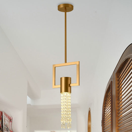 Brass Rectangle Drop Pendant Postmodern Metal 1-Light Bedside Hanging Lamp with Crystal Fringe Clearhalo 'Ceiling Lights' 'Modern Pendants' 'Modern' 'Pendant Lights' 'Pendants' Lighting' 920498