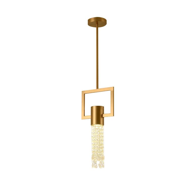 Brass Rectangle Drop Pendant Postmodern Metal 1-Light Bedside Hanging Lamp with Crystal Fringe Clearhalo 'Ceiling Lights' 'Modern Pendants' 'Modern' 'Pendant Lights' 'Pendants' Lighting' 920499