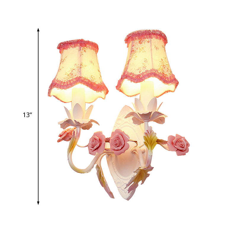 White 1/2-Head Wall Sconce Romantic Pastoral Fabric Bell Wall Mounted Light with Rose Decor Clearhalo 'Wall Lamps & Sconces' 'Wall Lights' Lighting' 920580