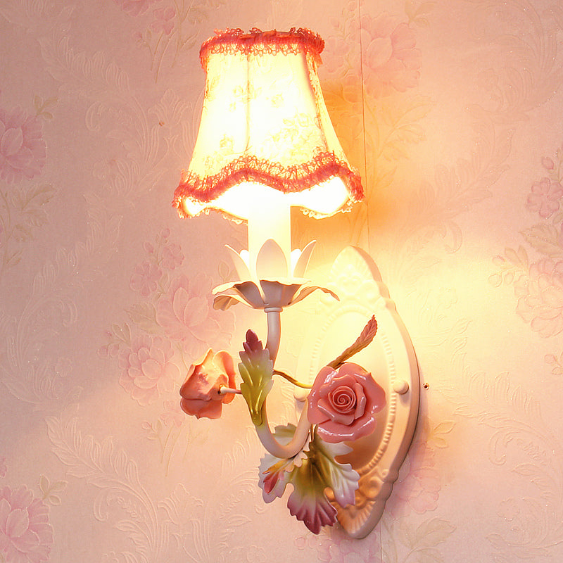 White 1/2-Head Wall Sconce Romantic Pastoral Fabric Bell Wall Mounted Light with Rose Decor 1.0 White Clearhalo 'Wall Lamps & Sconces' 'Wall Lights' Lighting' 920581