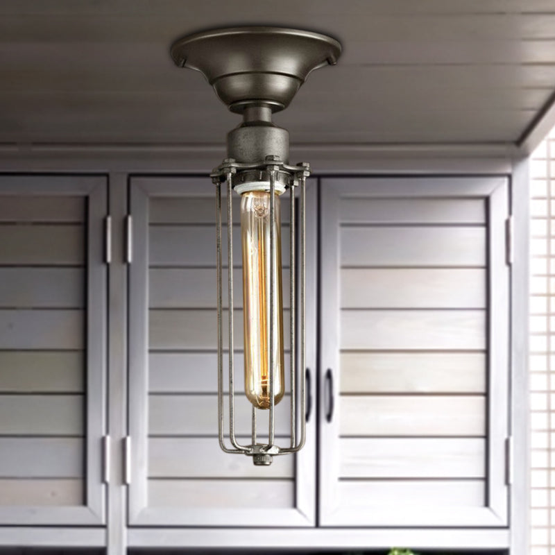 Aged Silver Tubed Cage Semi Flush Light Retro Vintage Metal 1 Head Balcony Ceiling Light Fixture Aged Silver Clearhalo 'Ceiling Lights' 'Close To Ceiling Lights' 'Close to ceiling' 'Semi-flushmount' Lighting' 92076