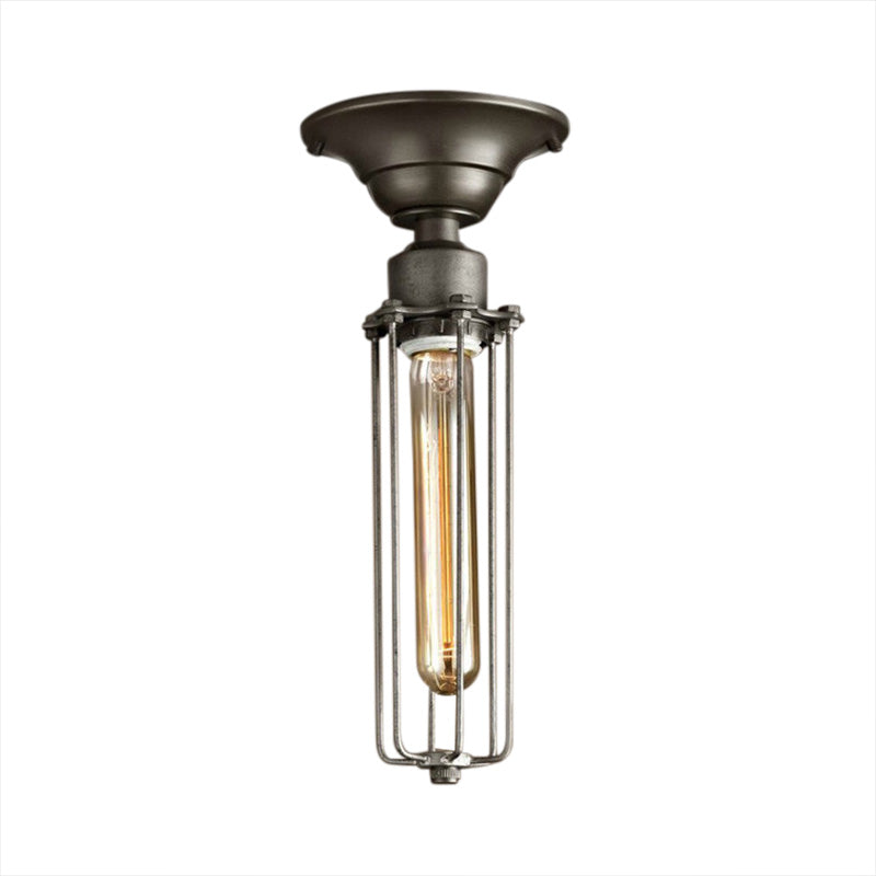 Aged Silver Tubed Cage Semi Flush Light Retro Vintage Metal 1 Head Balcony Ceiling Light Fixture Clearhalo 'Ceiling Lights' 'Close To Ceiling Lights' 'Close to ceiling' 'Semi-flushmount' Lighting' 92078