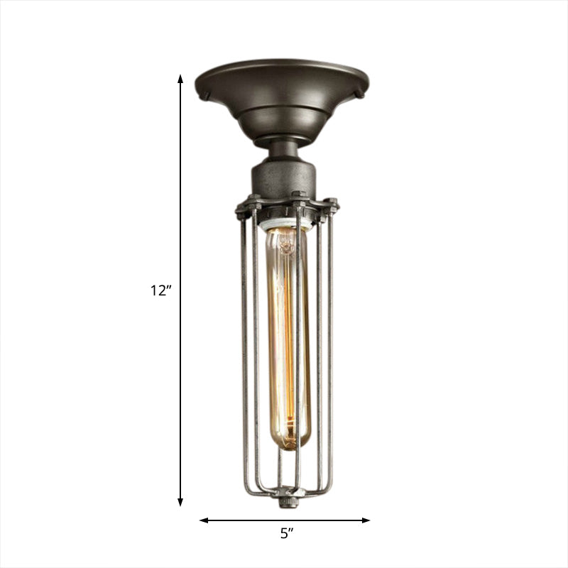 Aged Silver Tubed Cage Semi Flush Light Retro Vintage Metal 1 Head Balcony Ceiling Light Fixture Clearhalo 'Ceiling Lights' 'Close To Ceiling Lights' 'Close to ceiling' 'Semi-flushmount' Lighting' 92079