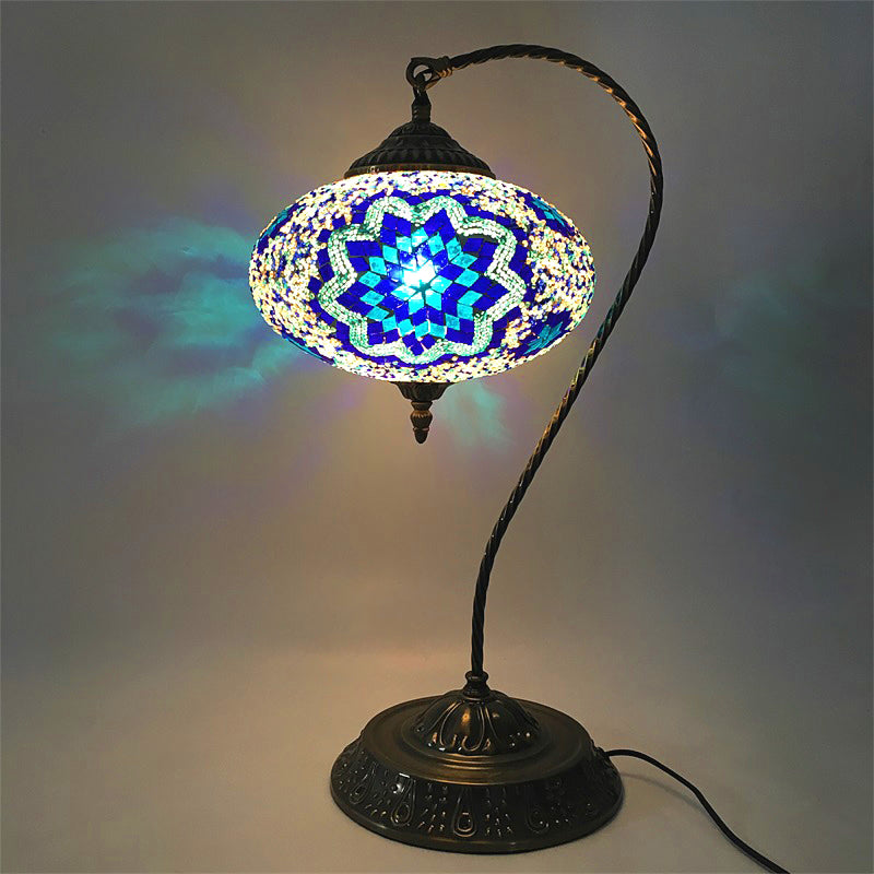 Decorative Oblong Night Light Single Head Stained Art Glass Table Lamp with Curved Arm in Yellow/Blue/Green Blue Clearhalo 'Lamps' 'Table Lamps' Lighting' 920819