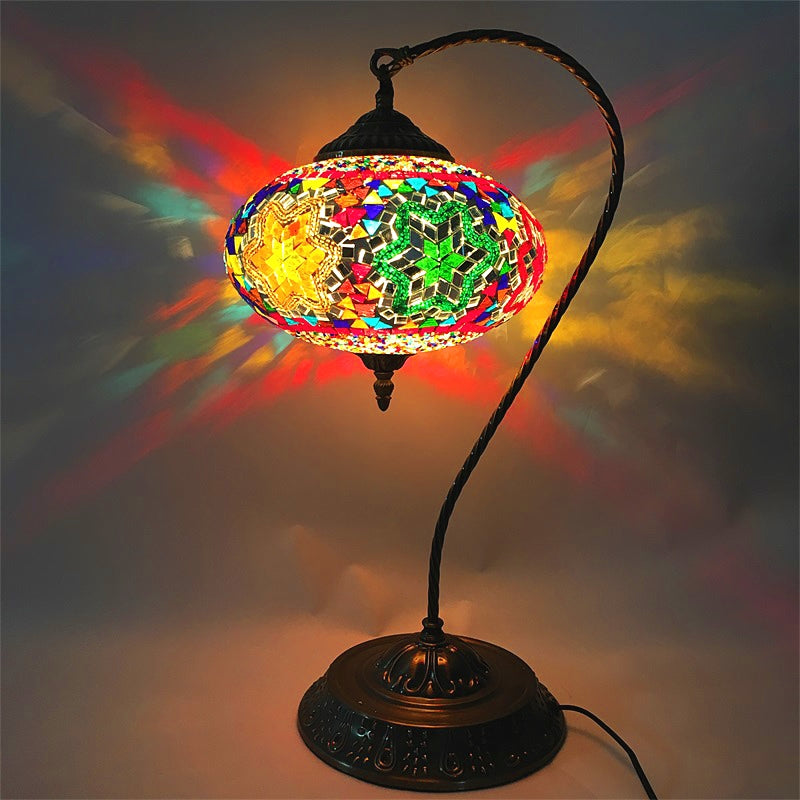 Decorative Oblong Night Light Single Head Stained Art Glass Table Lamp with Curved Arm in Yellow/Blue/Green Clearhalo 'Lamps' 'Table Lamps' Lighting' 920823