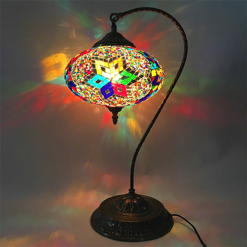 Decorative Oblong Night Light Single Head Stained Art Glass Table Lamp with Curved Arm in Yellow/Blue/Green Clearhalo 'Lamps' 'Table Lamps' Lighting' 920829