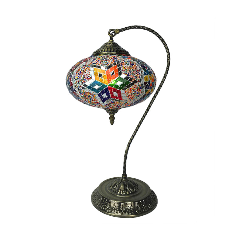 Decorative Oblong Night Light Single Head Stained Art Glass Table Lamp with Curved Arm in Yellow/Blue/Green Red-Blue Clearhalo 'Lamps' 'Table Lamps' Lighting' 920830